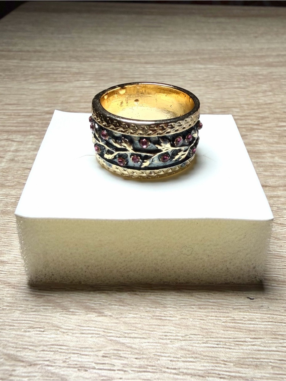 Gold-Tone Wide Band Ring with Pink Accent Stones